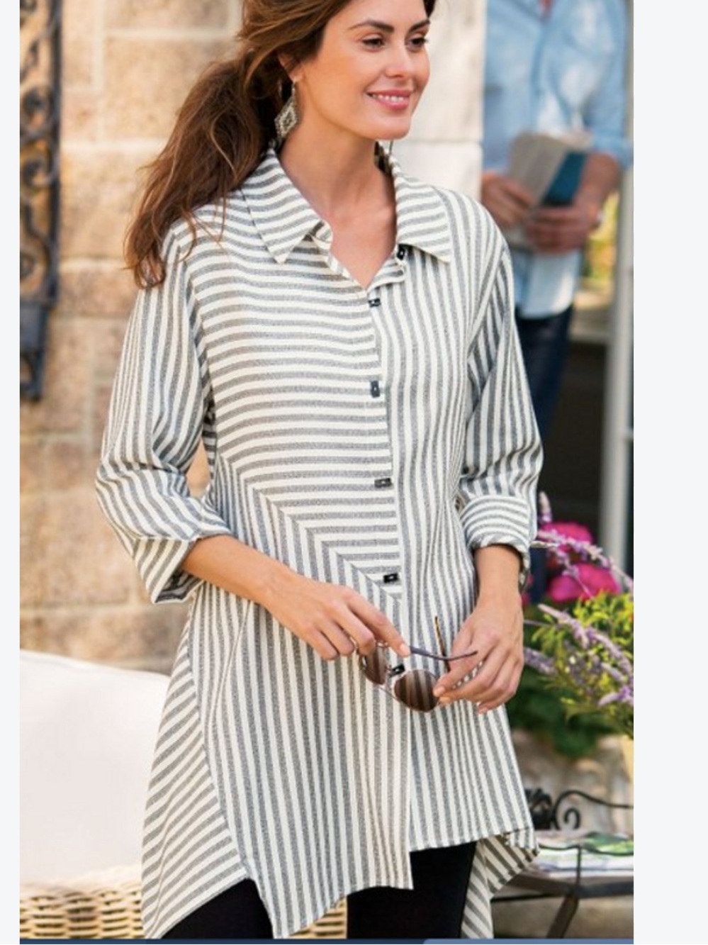 Soft Surroundings XL Striped Button-Front asymmetric Tunic in Cream and Gray